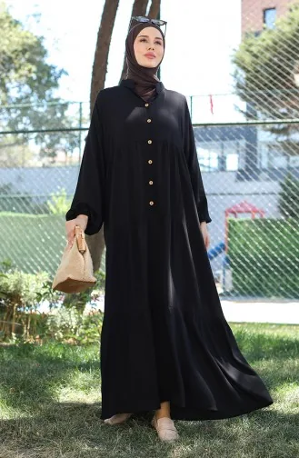 Geknöpftes Kleid Mit Elastischen Ärmeln 0463-03 Schwarz 0463-03