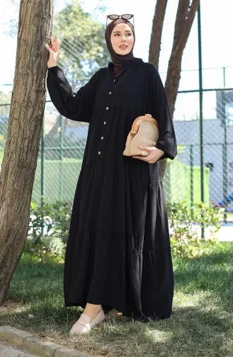 Geknöpftes Kleid Mit Elastischen Ärmeln 0463-03 Schwarz 0463-03