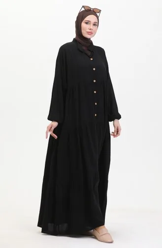 Geknöpftes Kleid Mit Elastischen Ärmeln 0463-03 Schwarz 0463-03