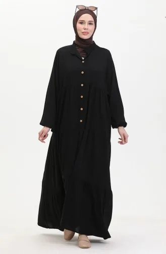 Geknöpftes Kleid Mit Elastischen Ärmeln 0463-03 Schwarz 0463-03