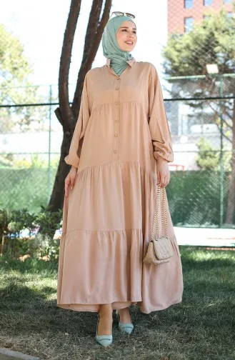 Jurk Met Knopen En Elastische Mouwen 0463-07 Koffie Met Melk 0463-07