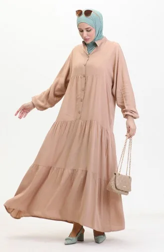 Jurk Met Knopen En Elastische Mouwen 0463-07 Koffie Met Melk 0463-07