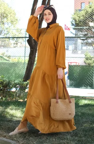 Jurk Met Knopen En Elastische Mouwen 0463-06 Geelbruin 0463-06