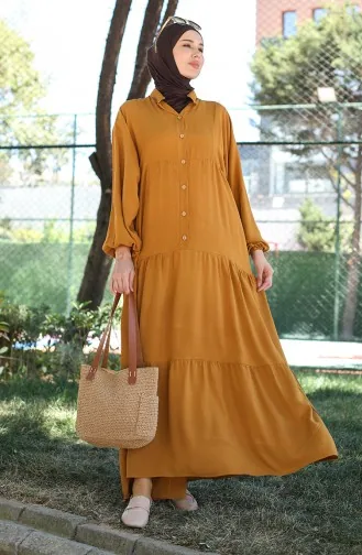 Jurk Met Knopen En Elastische Mouwen 0463-06 Geelbruin 0463-06