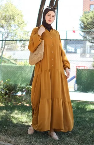 Jurk Met Knopen En Elastische Mouwen 0463-06 Geelbruin 0463-06