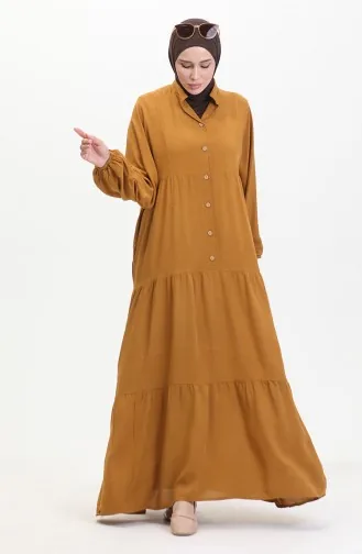 Jurk Met Knopen En Elastische Mouwen 0463-06 Geelbruin 0463-06