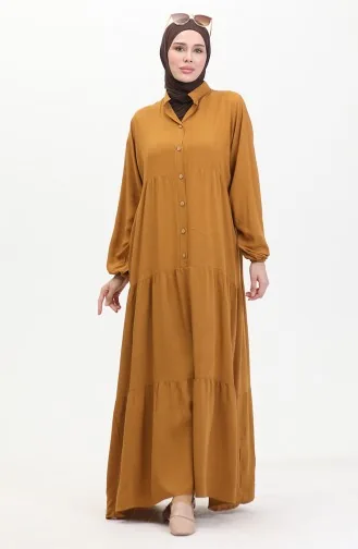 Jurk Met Knopen En Elastische Mouwen 0463-06 Geelbruin 0463-06