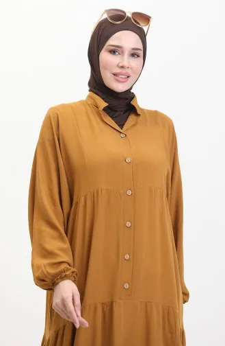 Jurk Met Knopen En Elastische Mouwen 0463-06 Geelbruin 0463-06