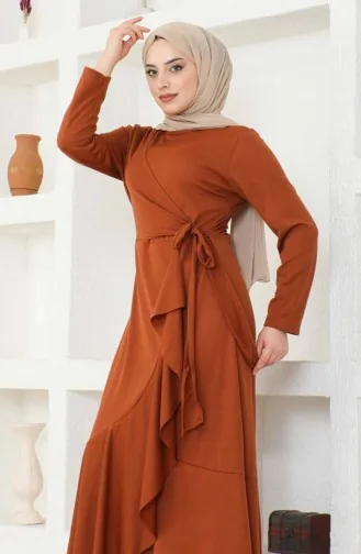 Yandan Bağlamalı Volanlı Elbise 1907-10 Taba