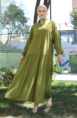 Geknöpftes Kleid Mit Elastischen Ärmeln 0463-01 Ölgrün 0463-01