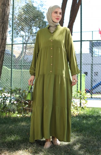 Geknöpftes Kleid Mit Elastischen Ärmeln 0463-01 Ölgrün 0463-01