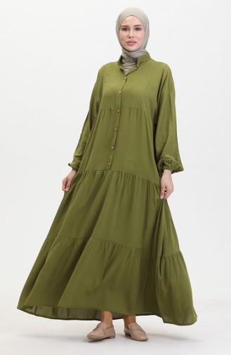 Geknöpftes Kleid Mit Elastischen Ärmeln 0463-01 Ölgrün 0463-01