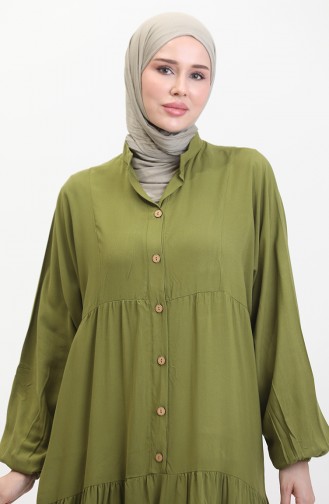 Geknöpftes Kleid Mit Elastischen Ärmeln 0463-01 Ölgrün 0463-01