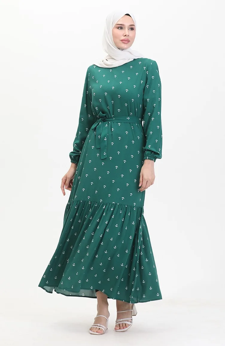 Robe A Ceinture A Motif Ancre 0461-04 Vert Emeraude 0461-04