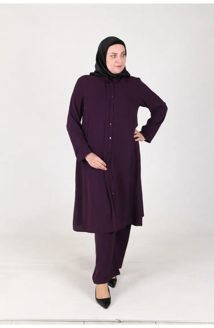 Aykal Ayrobin Costume 2 Pièces Boutonné Grande Taille 2613-08 Prune 2613-08