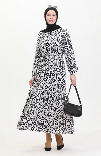 Desenli Kuşaklı Viskon Elbise 0469-03 Beyaz
