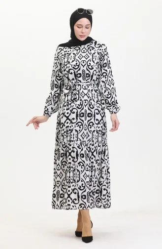 Desenli Kuşaklı Viskon Elbise 0469-03 Beyaz