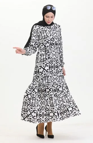 Desenli Kuşaklı Viskon Elbise 0469-03 Beyaz