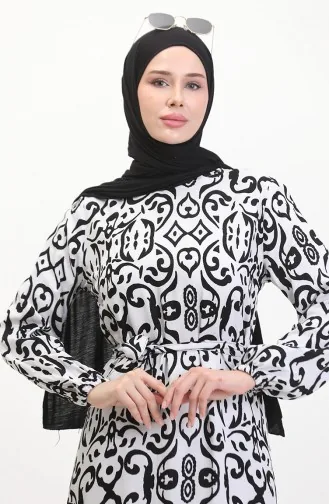 Desenli Kuşaklı Viskon Elbise 0469-03 Beyaz