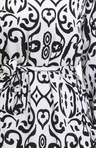 Desenli Kuşaklı Viskon Elbise 0469-03 Beyaz