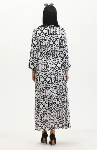 Desenli Kuşaklı Viskon Elbise 0469-03 Beyaz