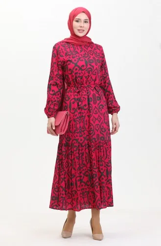 Desenli Kuşaklı Viskon Elbise 0469-06 Fuşya