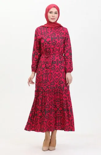 Desenli Kuşaklı Viskon Elbise 0469-06 Fuşya