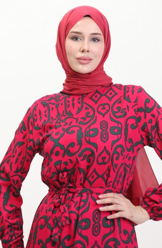 Desenli Kuşaklı Viskon Elbise 0469-06 Fuşya