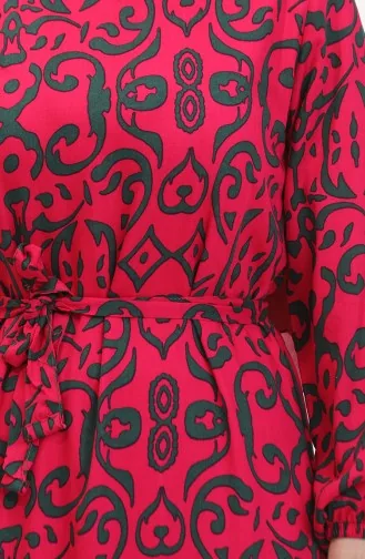 Desenli Kuşaklı Viskon Elbise 0469-06 Fuşya