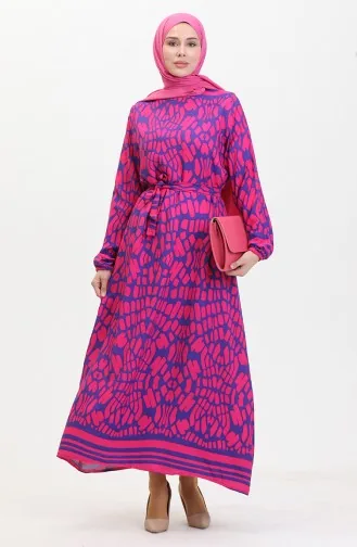 Robe Viscose A Motifs Et Ceinturée 0473-02 Fuchsia 0473-02