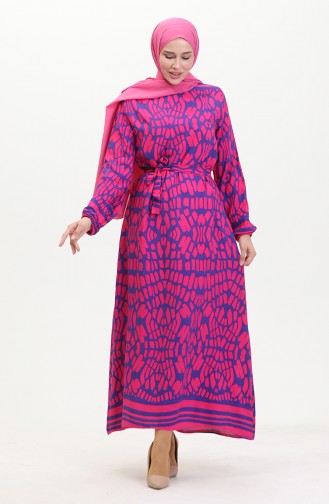 Robe Viscose A Motifs Et Ceinturée 0473-02 Fuchsia 0473-02