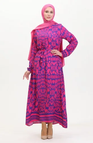 Robe Viscose A Motifs Et Ceinturée 0473-02 Fuchsia 0473-02