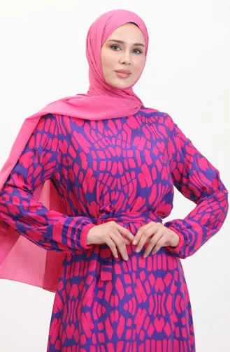 Robe Viscose A Motifs Et Ceinturée 0473-02 Fuchsia 0473-02