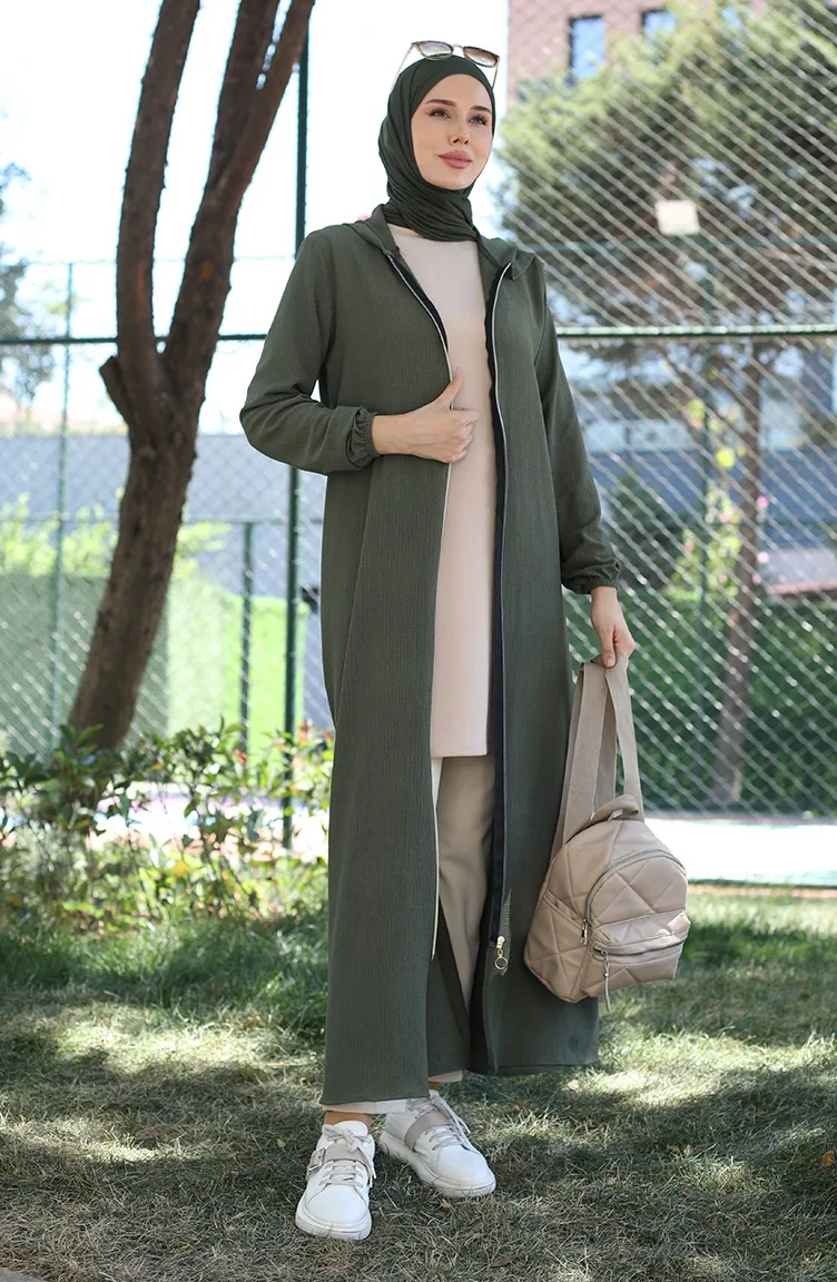 Crepe Fabric Hooded Abaya 1029-05 Khaki 1029-05
