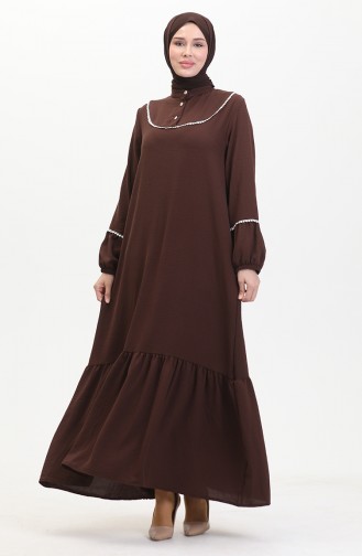 Robe Brodée A Manches Elastiques 0470-05 Marron 0470-05