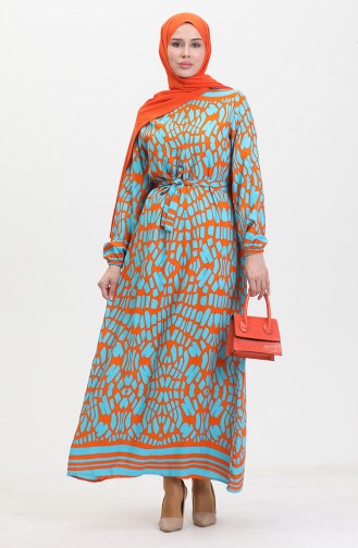 Gemustertes Viskosekleid Mit Gürtel 0473-04 Orange 0473-04