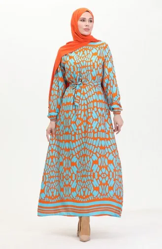 فستان فيسكوز بتصميم مُطبع وحزام للخصر 0473-04 لون برتقالي 0473-04