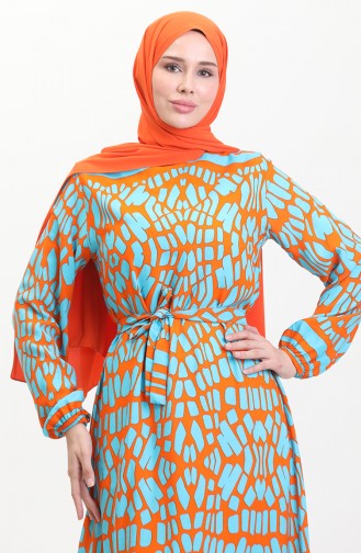 Gemustertes Viskosekleid Mit Gürtel 0473-04 Orange 0473-04