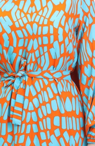 Gemustertes Viskosekleid Mit Gürtel 0473-04 Orange 0473-04