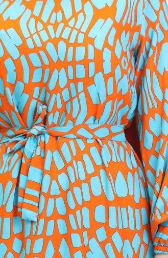 فستان فيسكوز بتصميم مُطبع وحزام للخصر 0473-04 لون برتقالي 0473-04