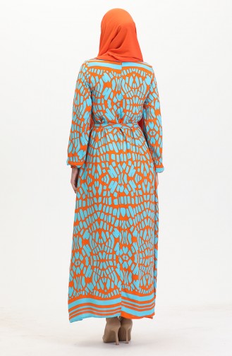 Gemustertes Viskosekleid Mit Gürtel 0473-04 Orange 0473-04
