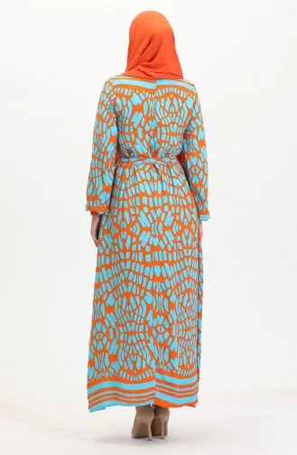 فستان فيسكوز بتصميم مُطبع وحزام للخصر 0473-04 لون برتقالي 0473-04