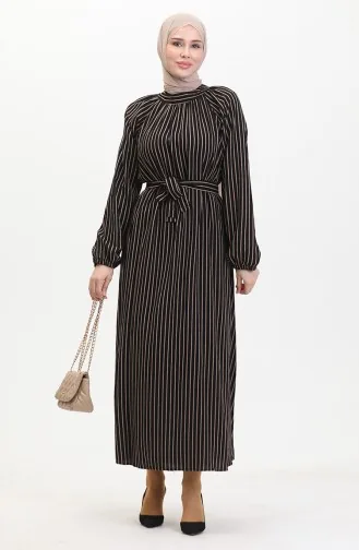 Gestreiftes Kleid Mit Gürtel 0468-01 Schwarz 0468-01