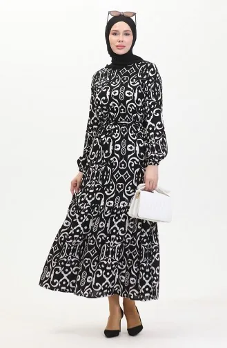 Desenli Kuşaklı Viskon Elbise 0469-04 Siyah