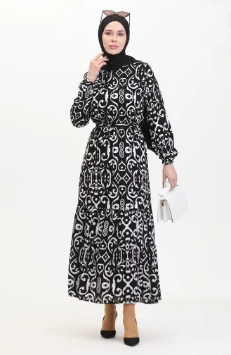 Desenli Kuşaklı Viskon Elbise 0469-04 Siyah