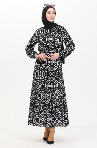 Desenli Kuşaklı Viskon Elbise 0469-04 Siyah
