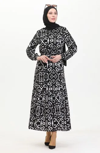 Desenli Kuşaklı Viskon Elbise 0469-04 Siyah
