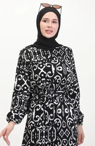 Desenli Kuşaklı Viskon Elbise 0469-04 Siyah