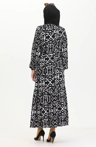 Desenli Kuşaklı Viskon Elbise 0469-04 Siyah