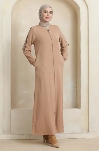 Abaya Motif Pierre Latéral 0464-02 Beige Foncé 0464-02
